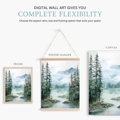 Lake & Mountain Wall Art, Watercolor Forest Landscape, Teal Bedroom Decor - WildfieldPrints