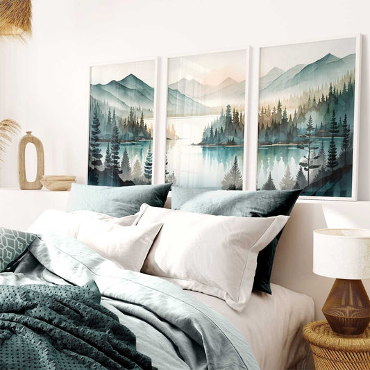 Lake & Mountain Wall Art, Watercolor Forest Landscape, Teal Bedroom Decor - WildfieldPrints