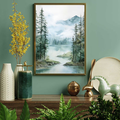 Lake & Mountain Wall Art, Watercolor Forest Landscape, Teal Bedroom Decor - WildfieldPrints