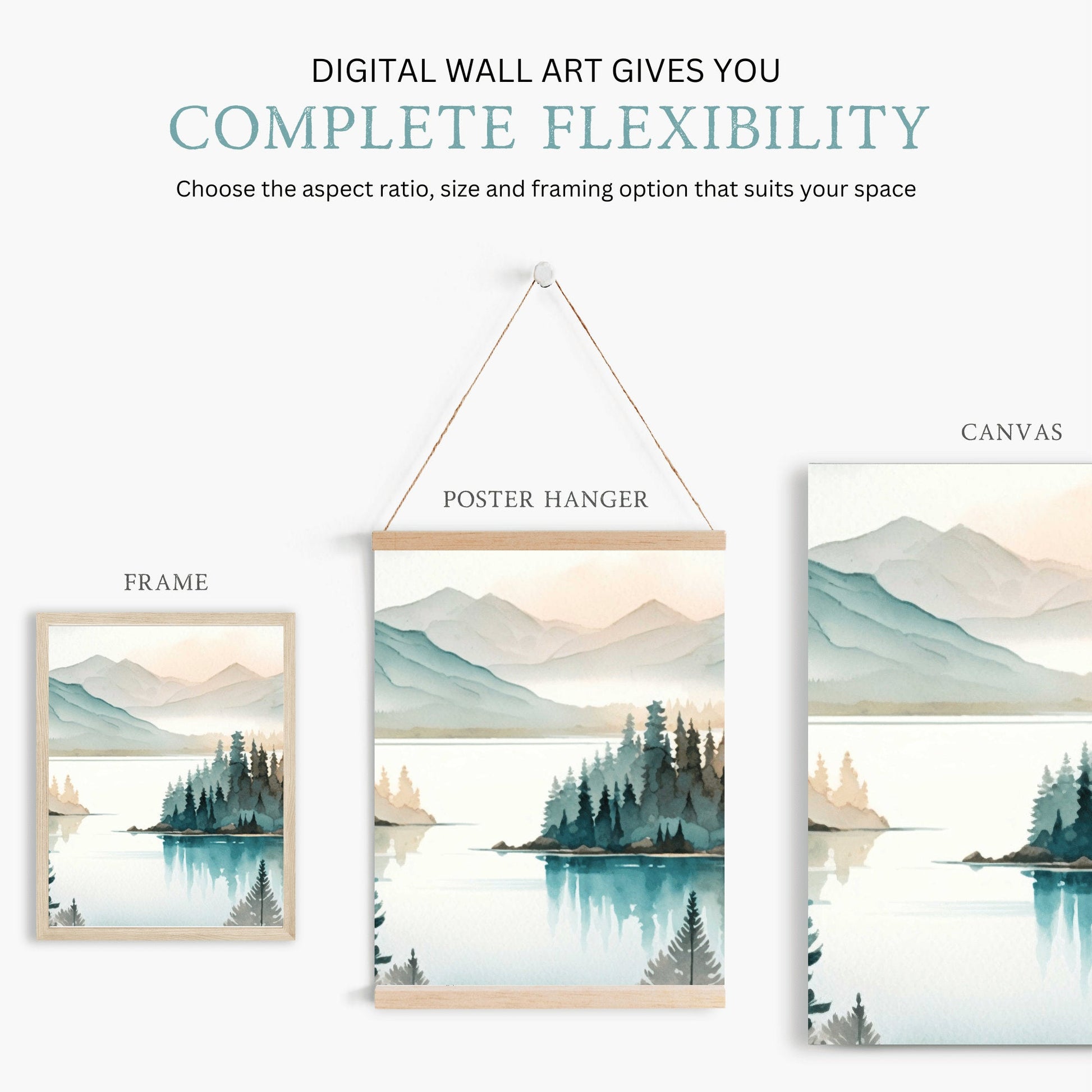 Lake & Mountain Wall Art, Watercolor Forest Landscape, Teal Bedroom Decor - WildfieldPrints