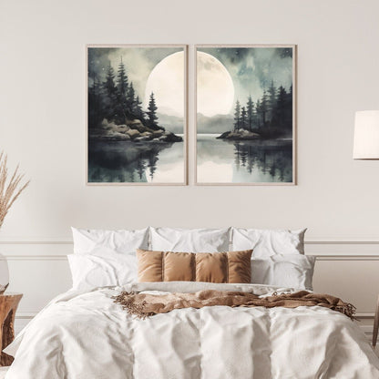 Lake Wall Art, Forest Landscape Painting, Vintage Moon & Tree Decor - WildfieldPrints
