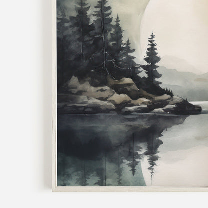Lake Wall Art, Forest Landscape Painting, Vintage Moon & Tree Decor - WildfieldPrints