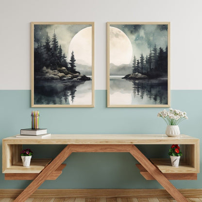 Lake Wall Art, Forest Landscape Painting, Vintage Moon & Tree Decor - WildfieldPrints