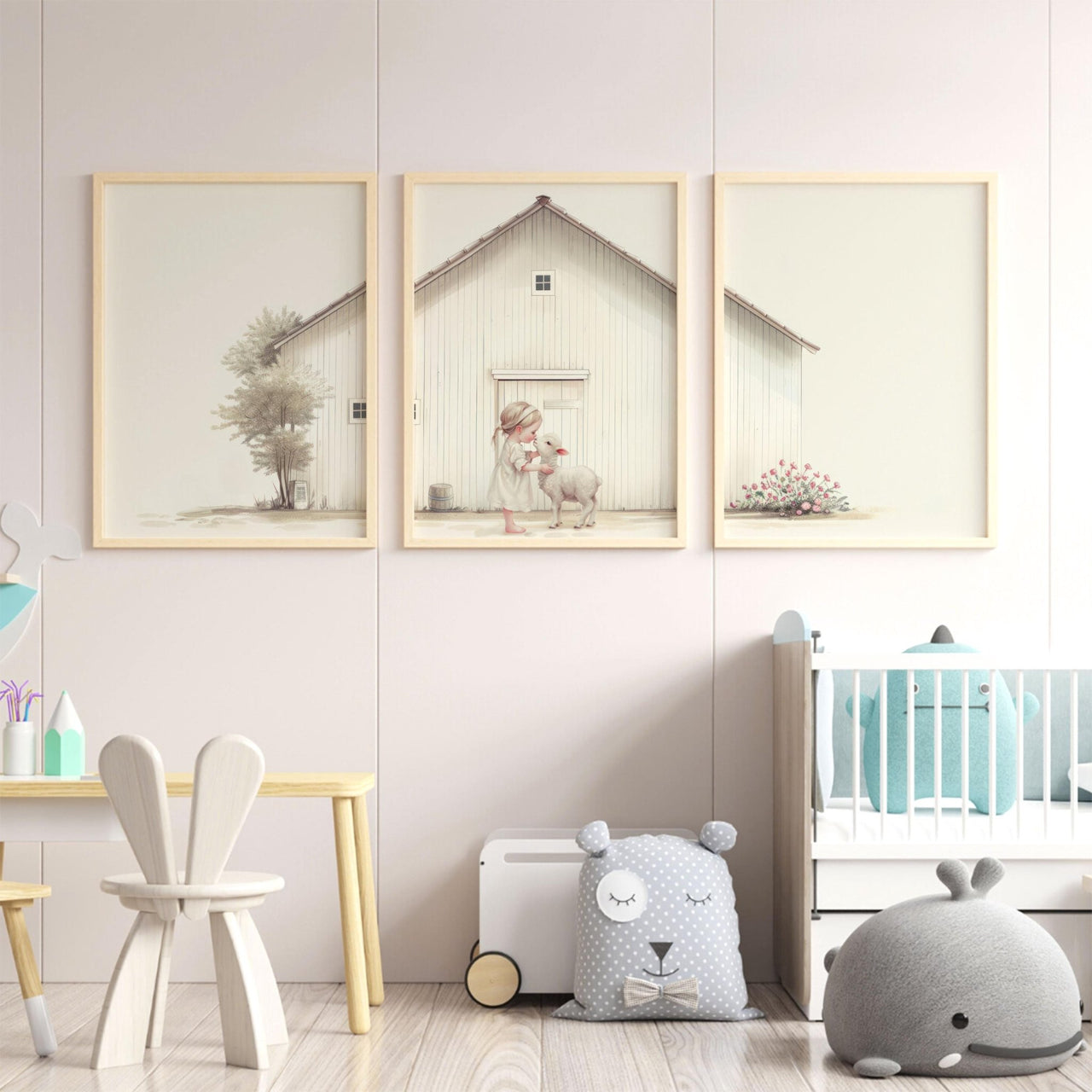 Lamb Wall Art – Farm Nursery Print for Girls • Set of 3