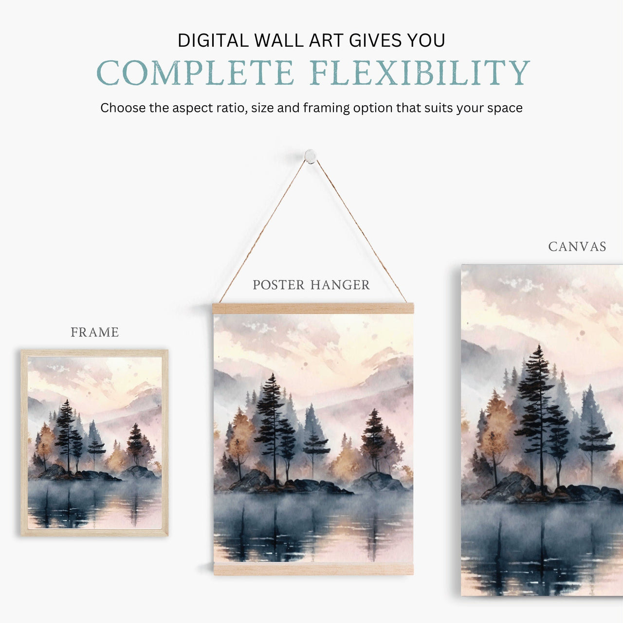 Mountain Lake Wall Art – Nature Living Room Print • Set of 3