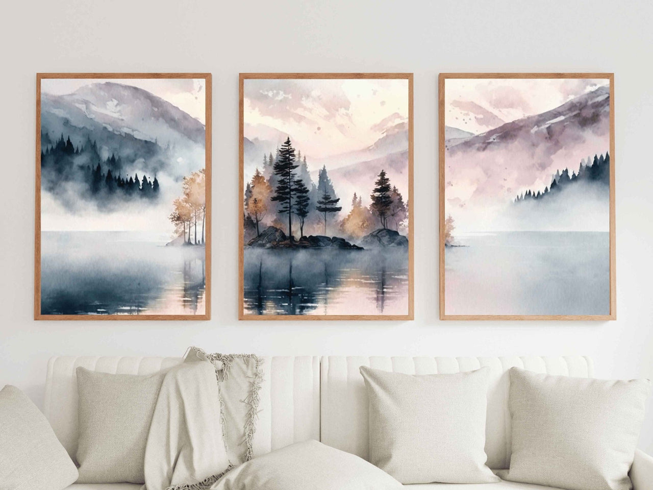 Mountain Lake Wall Art – Nature Living Room Print • Set of 3