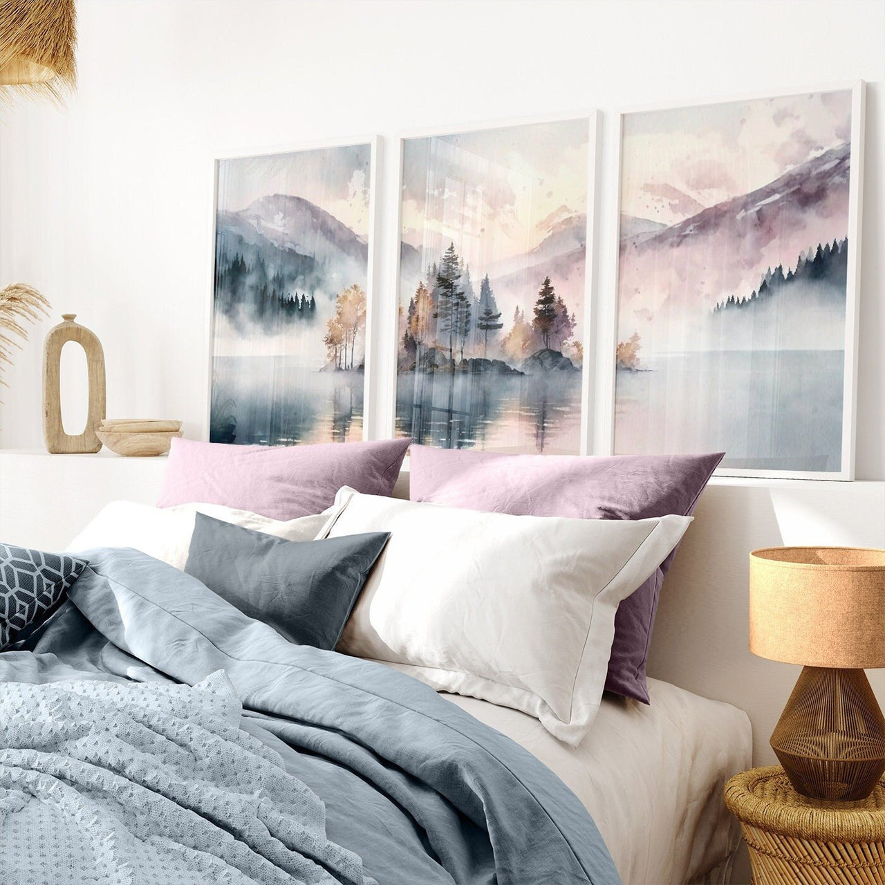 Mountain Lake Wall Art – Nature Living Room Print • Set of 3