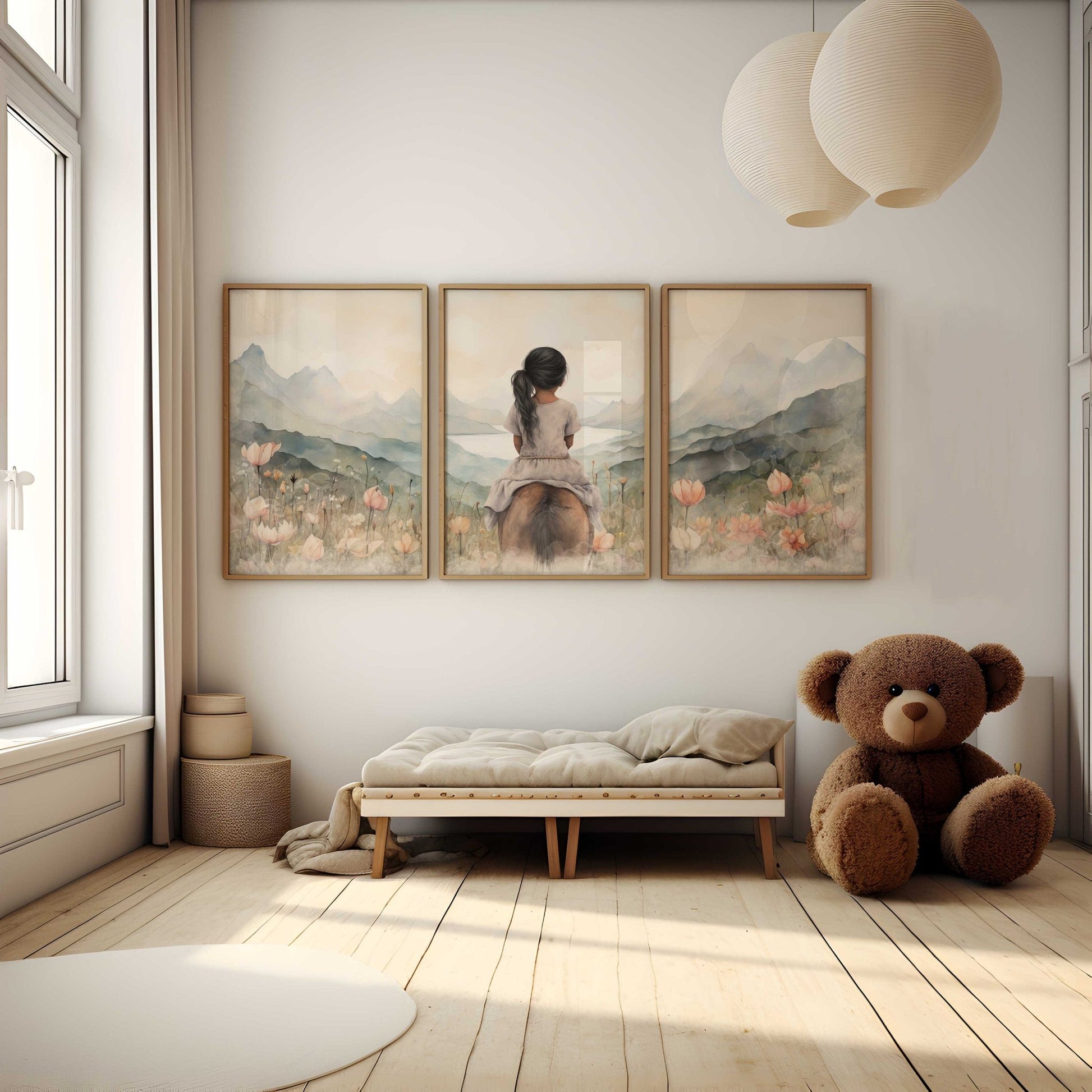 Latina Girl & Horse Triptych Art, Vintage Nature Wall Prints - WildfieldPrints