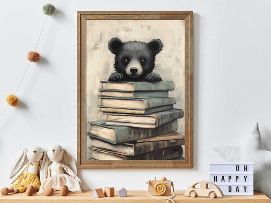 Learning Decor, Bear Nursery Painting, Vintage Study Art, Kids Room Decor - WildfieldPrints