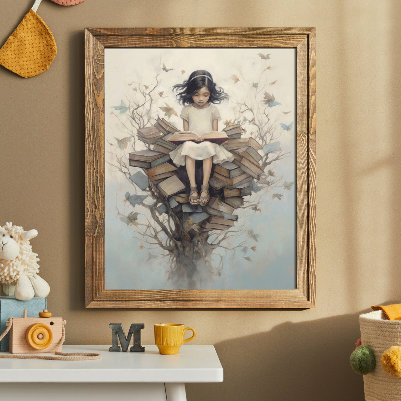 Enchanted Girl Reading Tree Wall Art – Vintage Girls Room Print