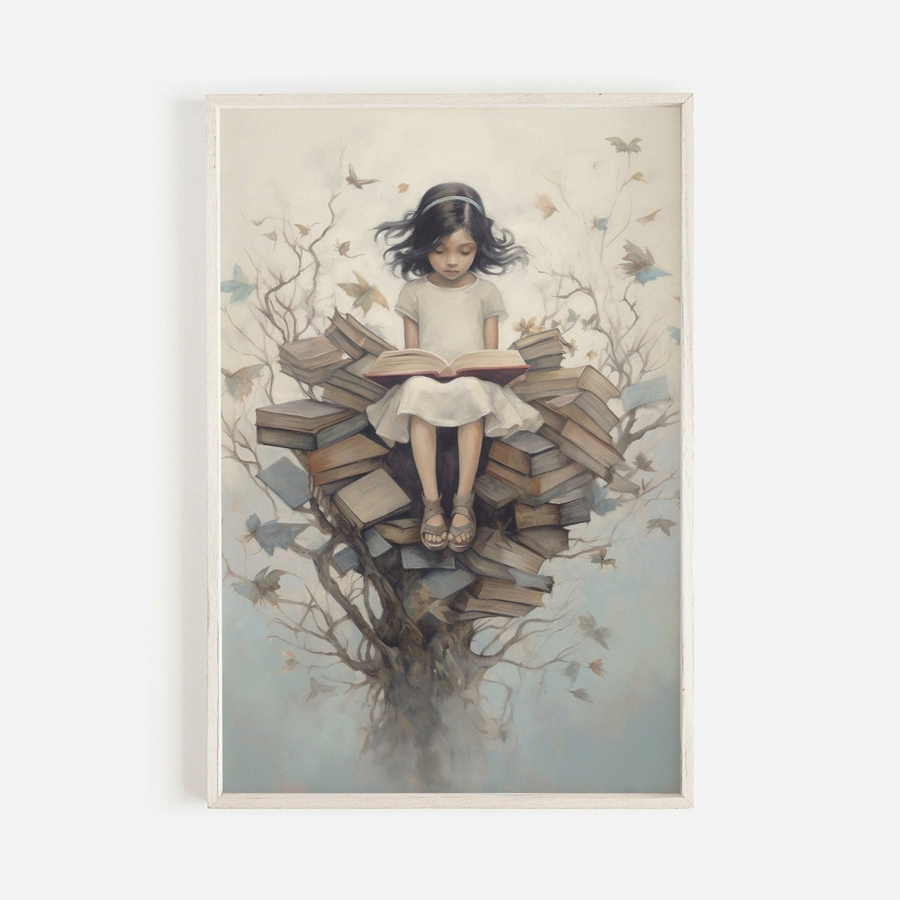 Enchanted Girl Reading Tree Wall Art – Vintage Girls Room Print