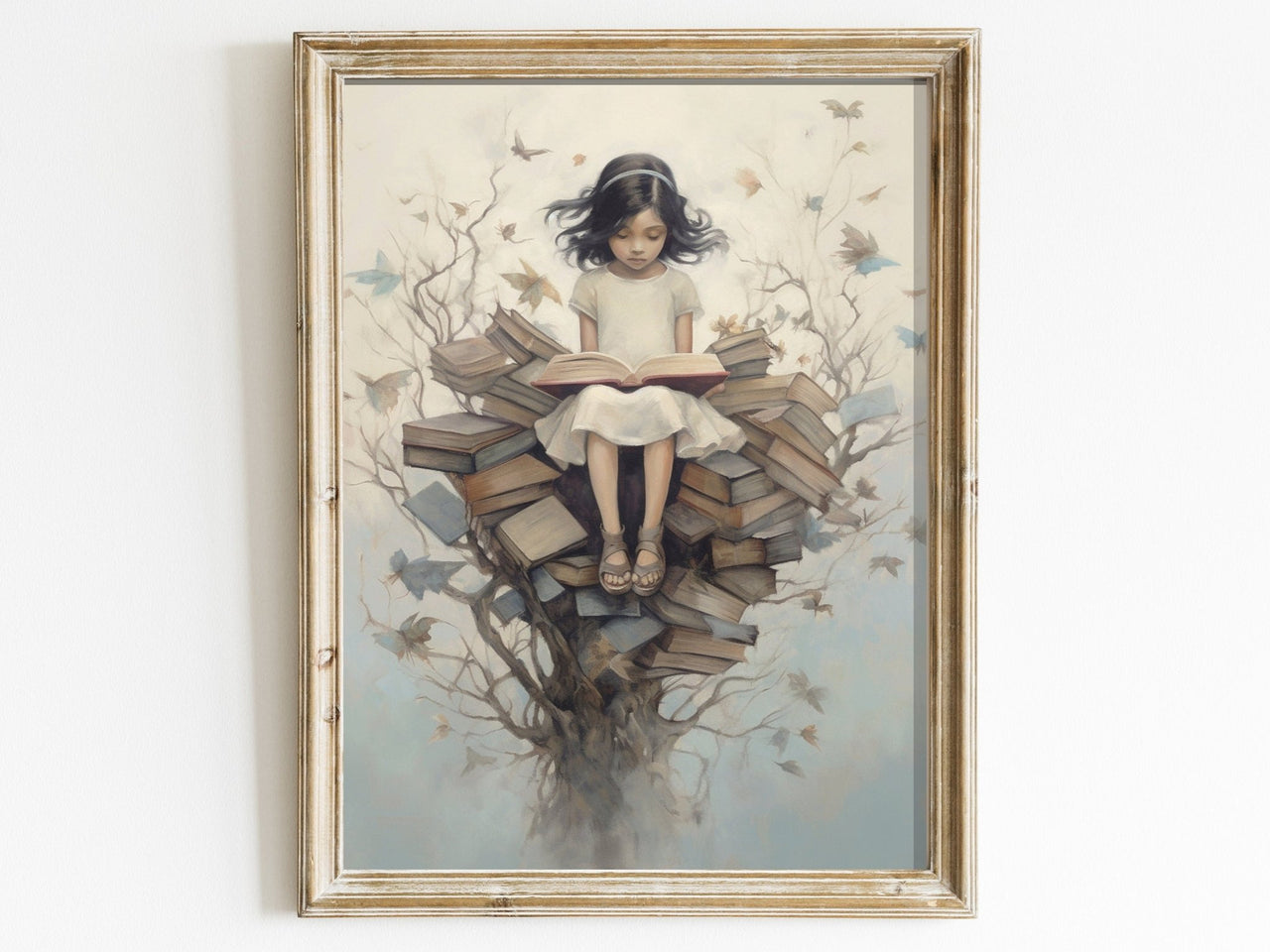 Enchanted Girl Reading Tree Wall Art – Vintage Girls Room Print