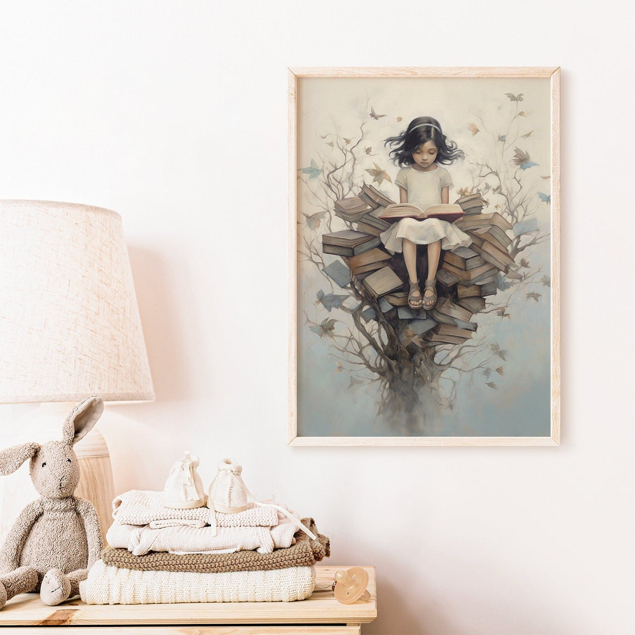 Enchanted Girl Reading Tree Wall Art – Vintage Girls Room Print