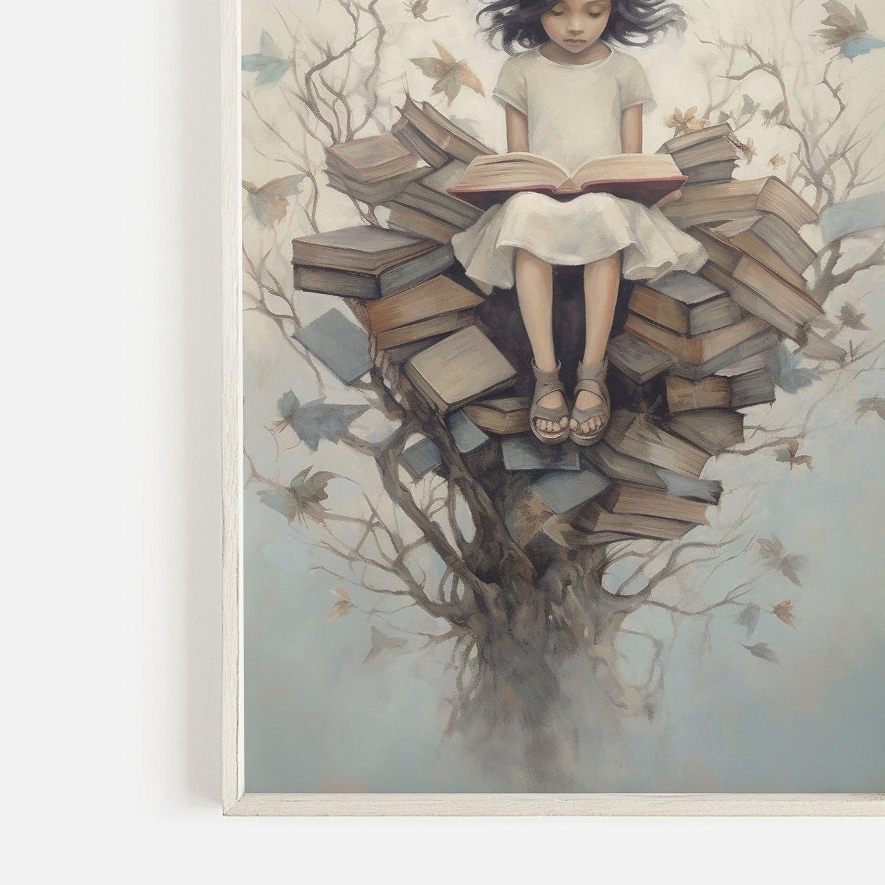 Enchanted Girl Reading Tree Wall Art – Vintage Girls Room Print