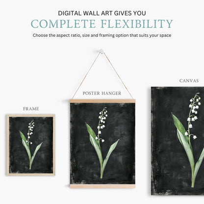 Lily of the Valley Art, Black Floral Print, Vintage Botanical Decor - WildfieldPrints