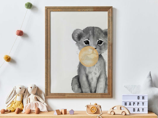 Lion Nursery Decor, Whimsical Safari Wall Art, Bubblegum Animals - WildfieldPrints