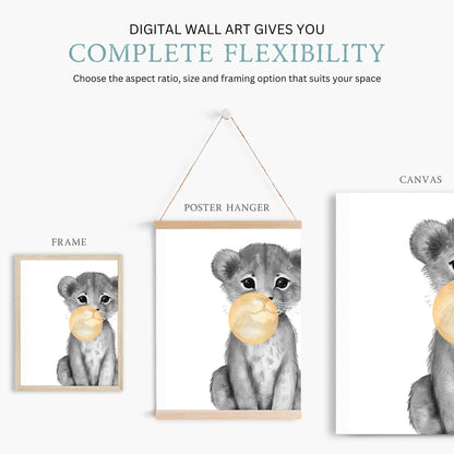 Lion Nursery Decor, Whimsical Safari Wall Art, Bubblegum Animals - WildfieldPrints