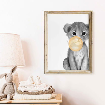 Lion Nursery Decor, Whimsical Safari Wall Art, Bubblegum Animals - WildfieldPrints