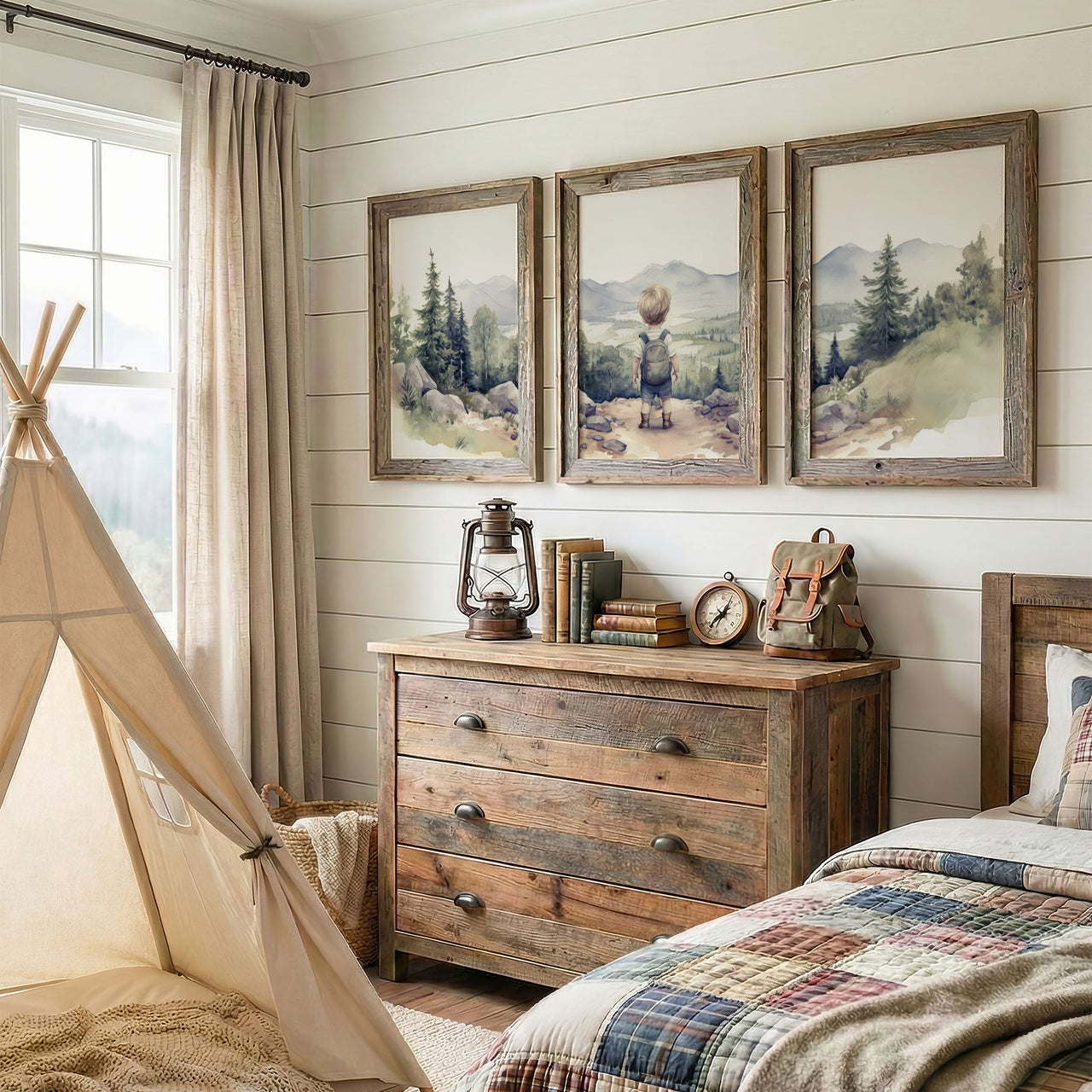 Little Boy Hiker Wall Art – Adventure Boys Room Print • Set of 3