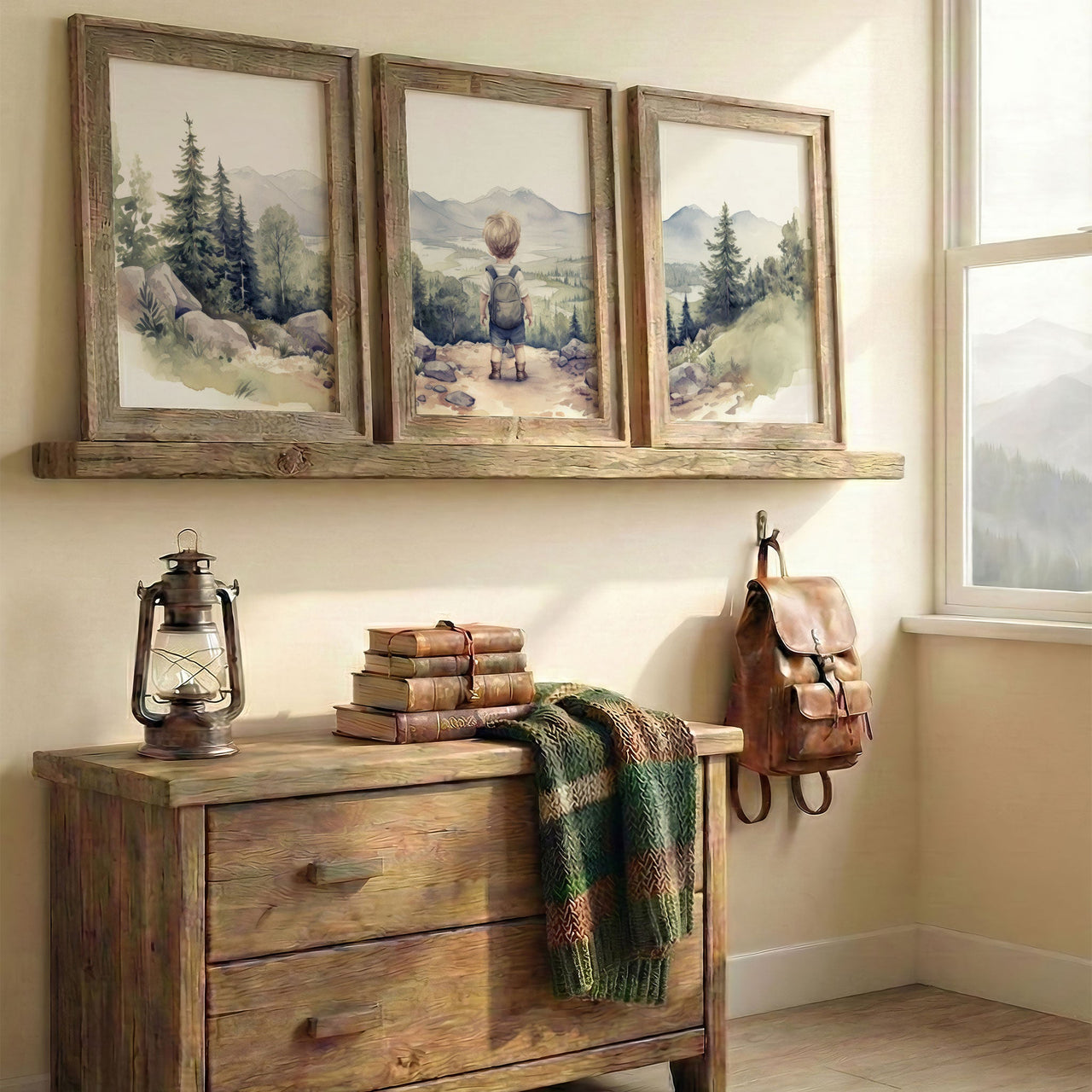 Little Boy Hiker Wall Art – Adventure Boys Room Print • Set of 3