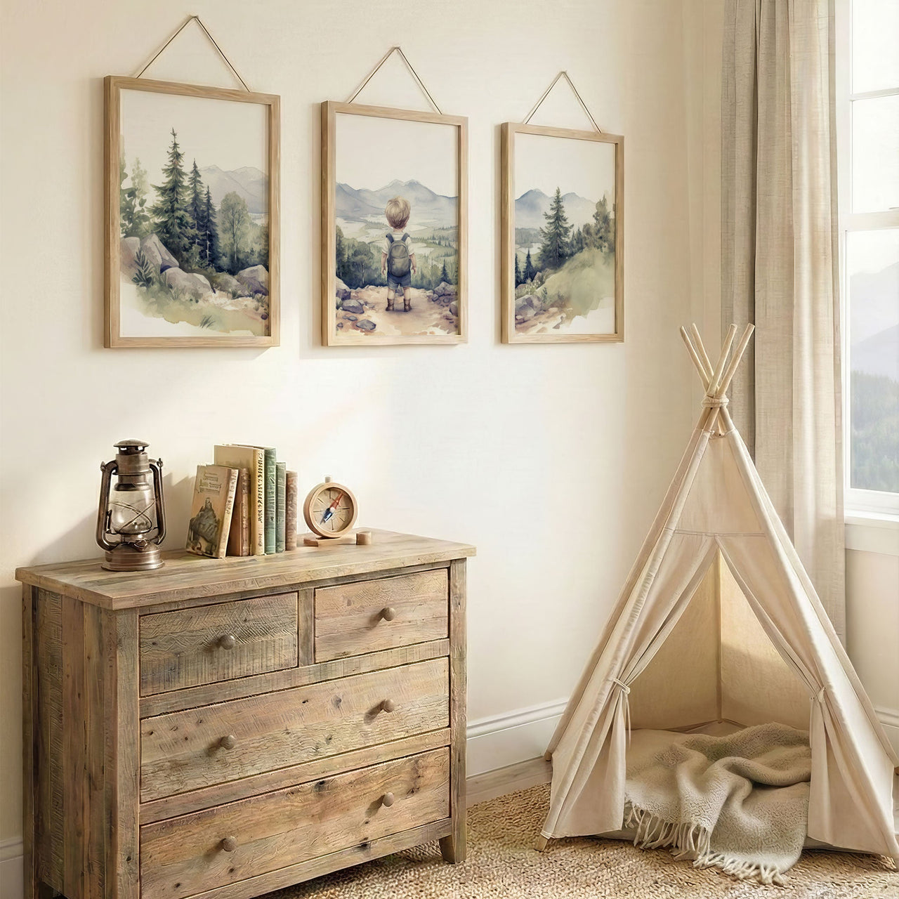 Little Boy Hiker Wall Art – Adventure Boys Room Print • Set of 3