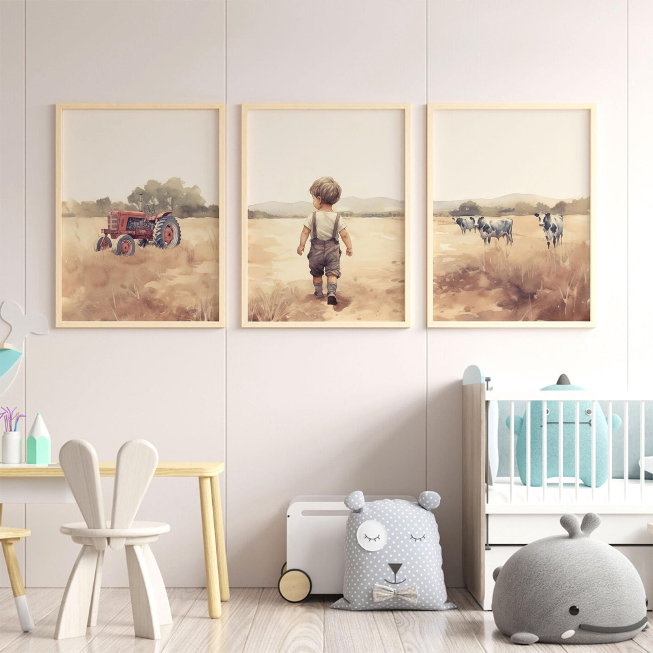 Little Boy Farm Wall Art – Countryside Nursery Print • Set of 3