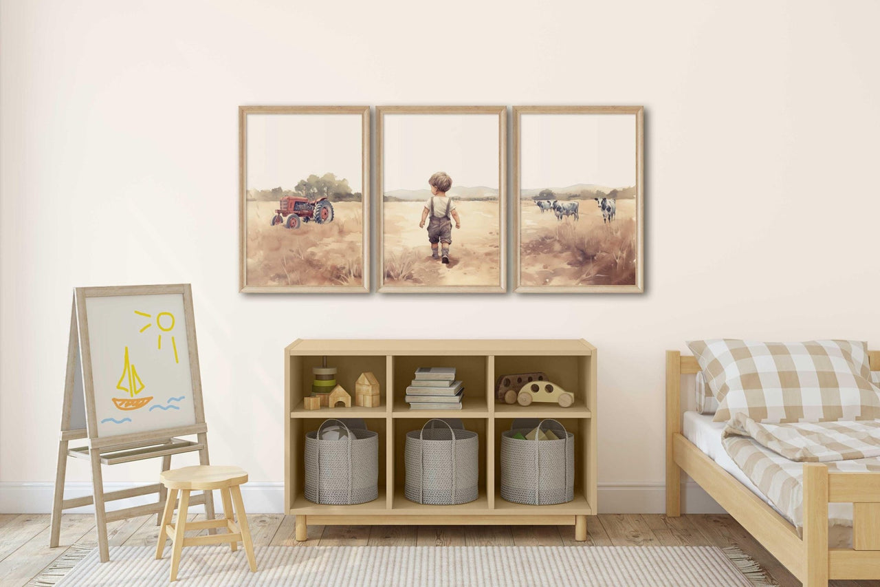 Little Boy Farm Wall Art – Countryside Nursery Print • Set of 3