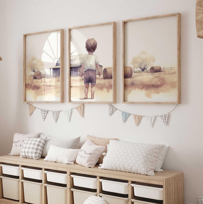 Little Farm Boy Print, Farmhouse Nursery Decor, Countryside Landscape - WildfieldPrints