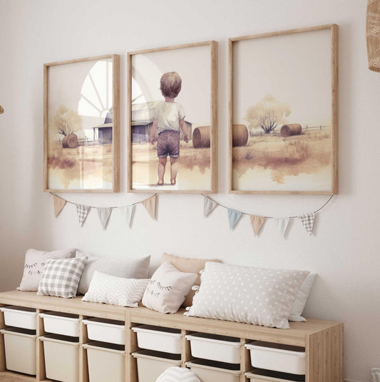Little Farm Boy Print, Farmhouse Nursery Decor, Countryside Landscape - WildfieldPrints