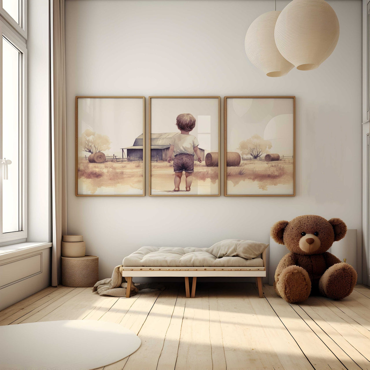 Little Farm Boy Wall Art – Countryside Nursery Print • Set of 3