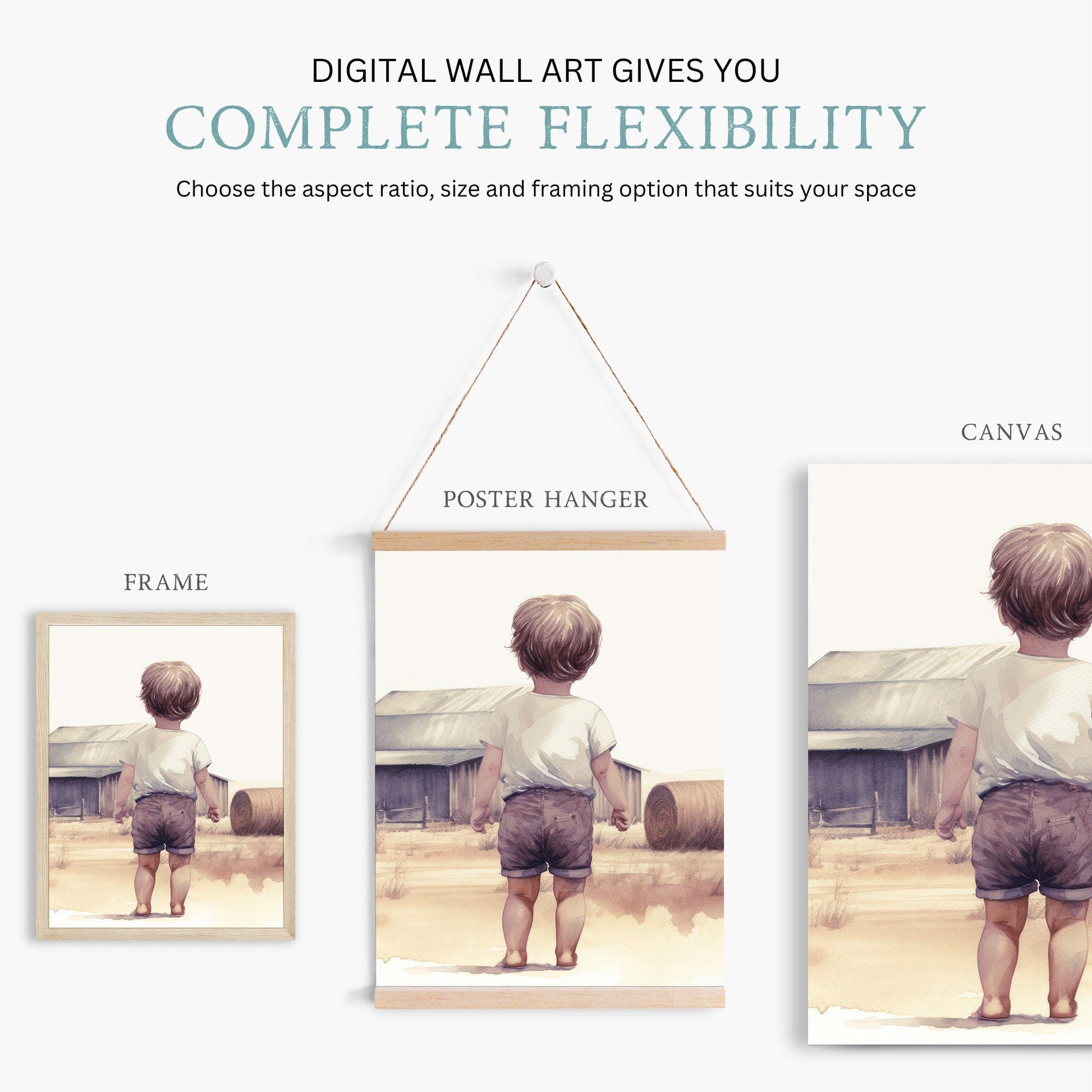 Little Farm Boy Print, Farmhouse Nursery Decor, Countryside Landscape - WildfieldPrints