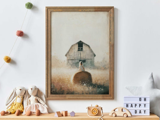 Little Farm Girl Print, Farmhouse Nursery Decor, Countryside Art - WildfieldPrints