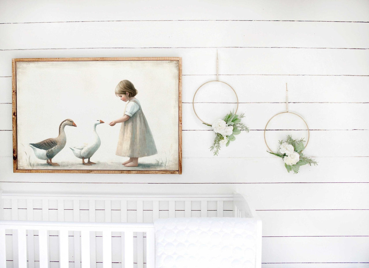 Little Girl Feeding Geese Print – Animal Nursery Wall Decor