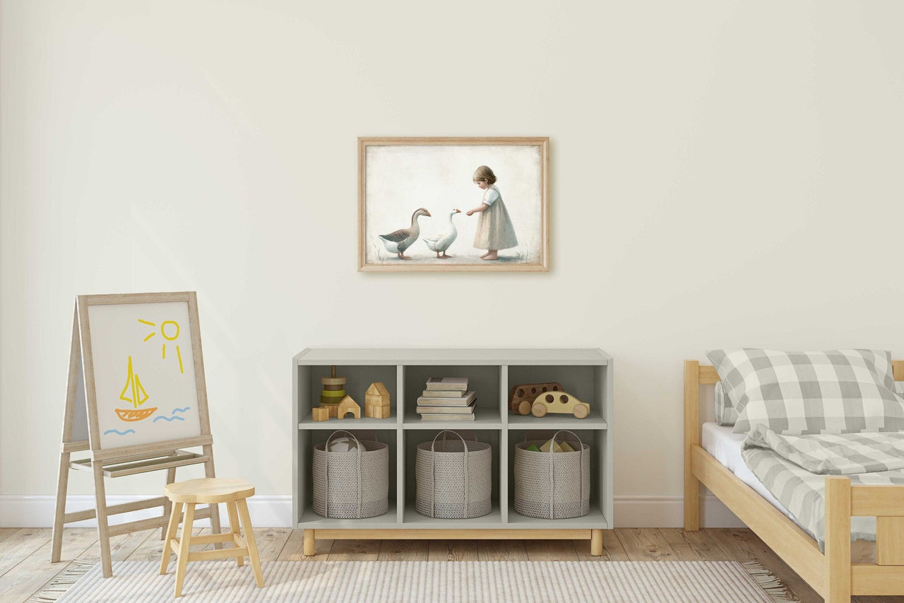 Little Girl Feeding Geese Print – Animal Nursery Wall Decor
