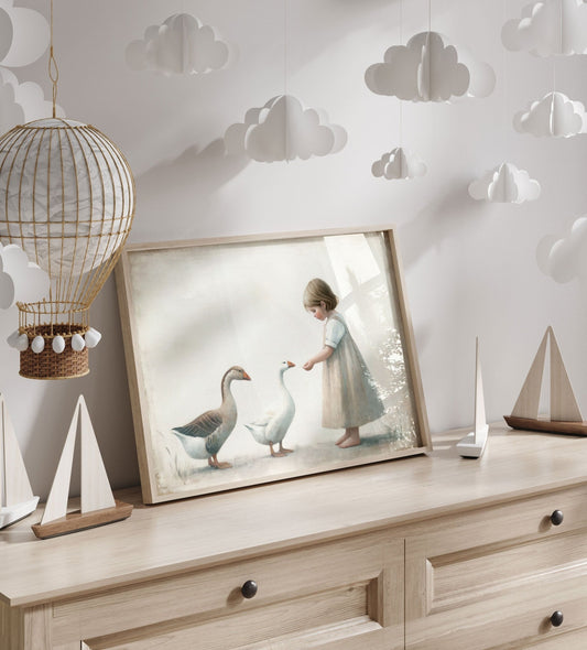 Little Girl Feeding Geese Art, Vintage Nursery Decor, Muted Color Print - WildfieldPrints
