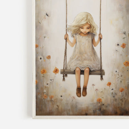 Little Girl on a Swing, Vintage Nursery Art, Whimsical Room Decor - WildfieldPrints