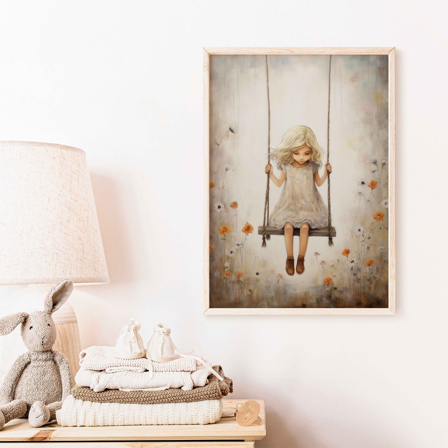 Little Girl on a Swing, Vintage Nursery Art, Whimsical Room Decor - WildfieldPrints
