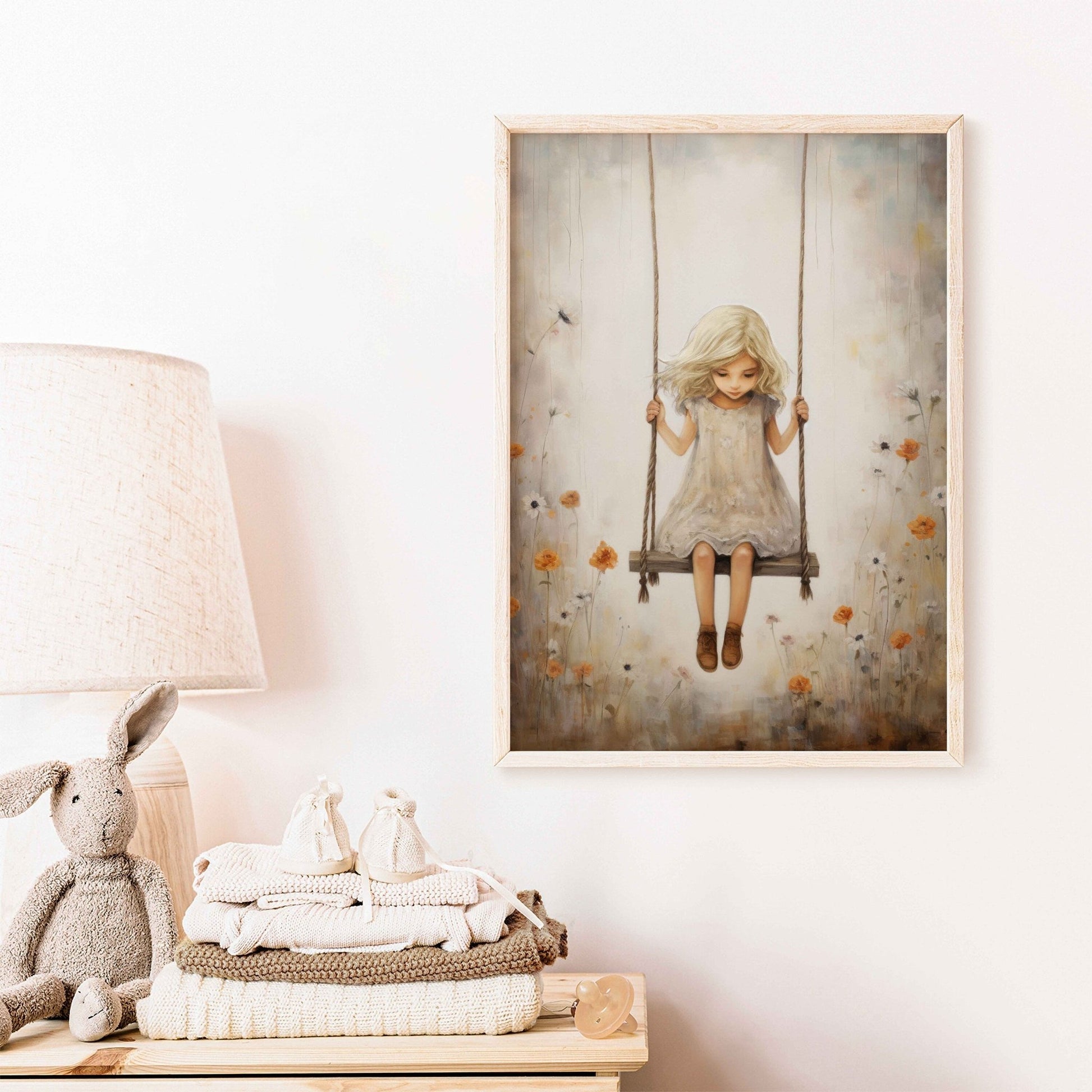 Little Girl on a Swing, Vintage Nursery Art, Whimsical Room Decor - WildfieldPrints