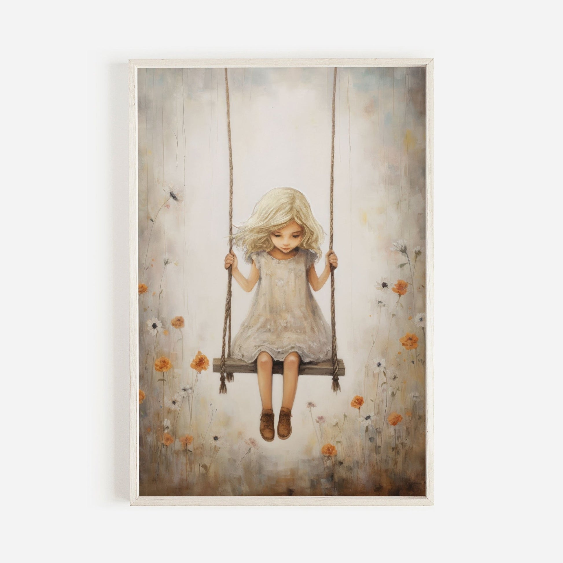 Little Girl on a Swing, Vintage Nursery Art, Whimsical Room Decor - WildfieldPrints