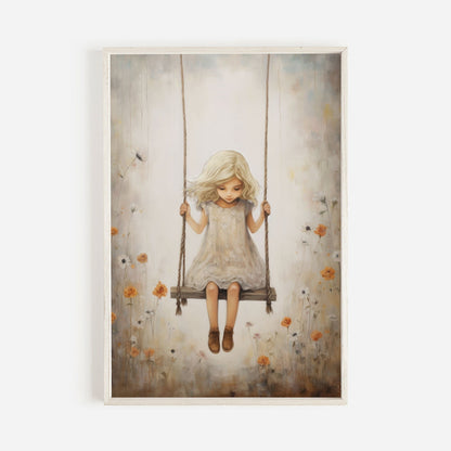 Little Girl on a Swing, Vintage Nursery Art, Whimsical Room Decor - WildfieldPrints
