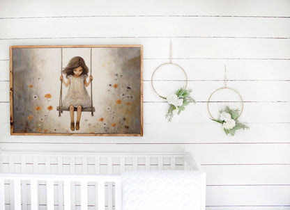 Little Girl on a Swing, Vintage Room Decor, Girly Wall Art Print - WildfieldPrints