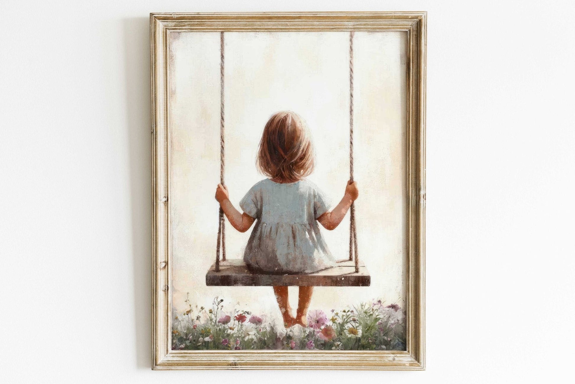 Little Girl on a Swing, Vintage Toddler Room Decor, Wildflower Art - WildfieldPrints
