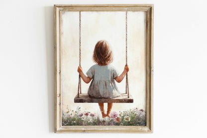 Little Girl on a Swing, Vintage Toddler Room Decor, Wildflower Art - WildfieldPrints