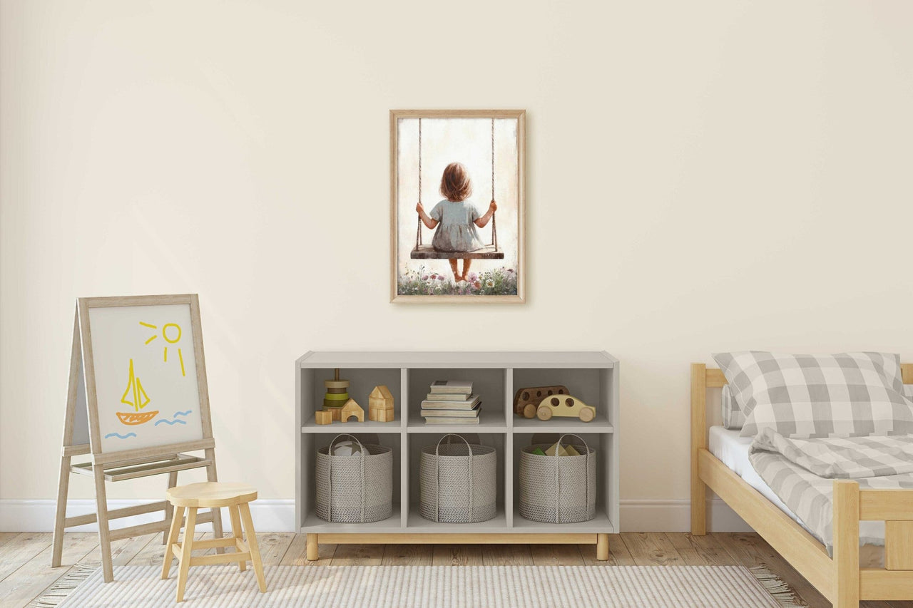 Little Girl Swing Wall Art – Floral Nursery Print