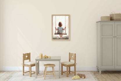 Little Girl on a Swing, Vintage Toddler Room Decor, Wildflower Art - WildfieldPrints