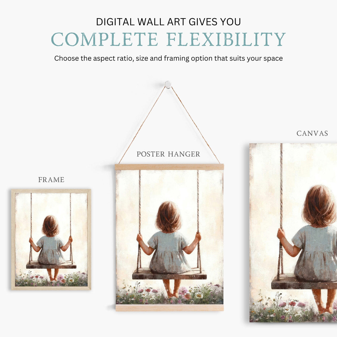 Little Girl Swing Wall Art – Floral Nursery Print