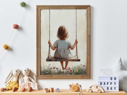 Little Girl on a Swing, Vintage Toddler Room Decor, Wildflower Art - WildfieldPrints