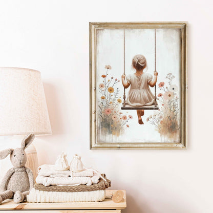 Little Girl on a Swing, Wildflower Nursery Decor, Vintage Room Art - WildfieldPrints
