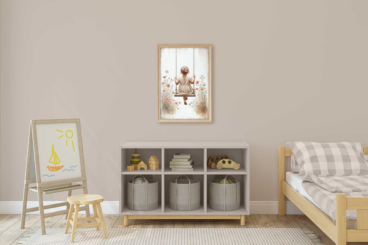 Little Girl Swing Wall Art – Floral Vintage Nursery Print