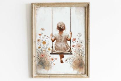 Little Girl on a Swing, Wildflower Nursery Decor, Vintage Room Art - WildfieldPrints